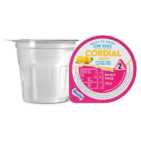 Precise Cordial Low Joule Lemon Mildly Thick/Level 2 185ml Dysphagia RTD - Ctn 12