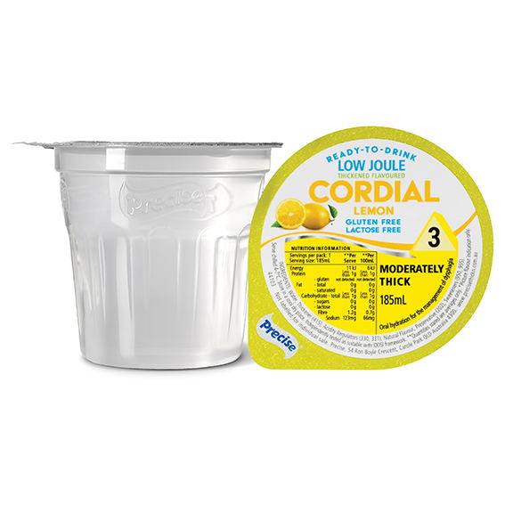 Precise Cordial Low Joule Lemon Moderately Thick/Level 3 185ml Dysphagia RTD - Ctn 12