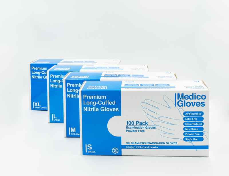 Medico Blue Nitrile Long Cuff Gloves Medium - Box 100