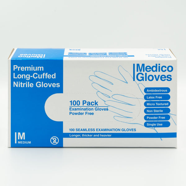 Medico Blue Nitrile Long Cuff Gloves Medium - Box 100