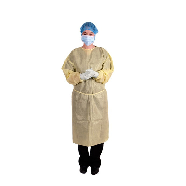 Isolation Gown with Knitted Cuffs 50pcs (Yellow - Large) PE & SMS material